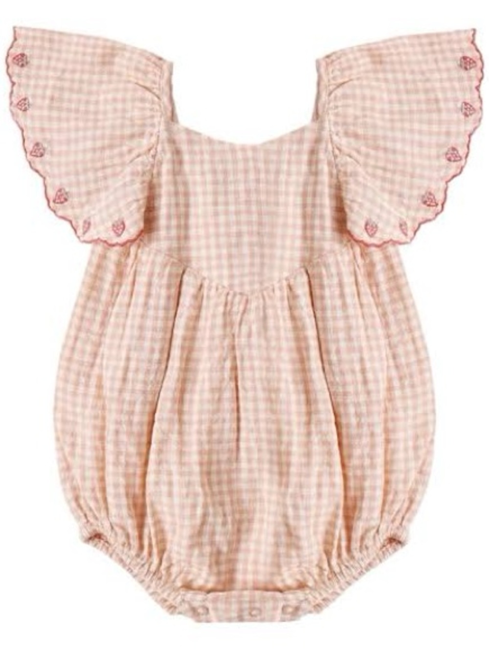 Rylee + Cru Pink Gingham Flutter Romper with Embroidered Trim